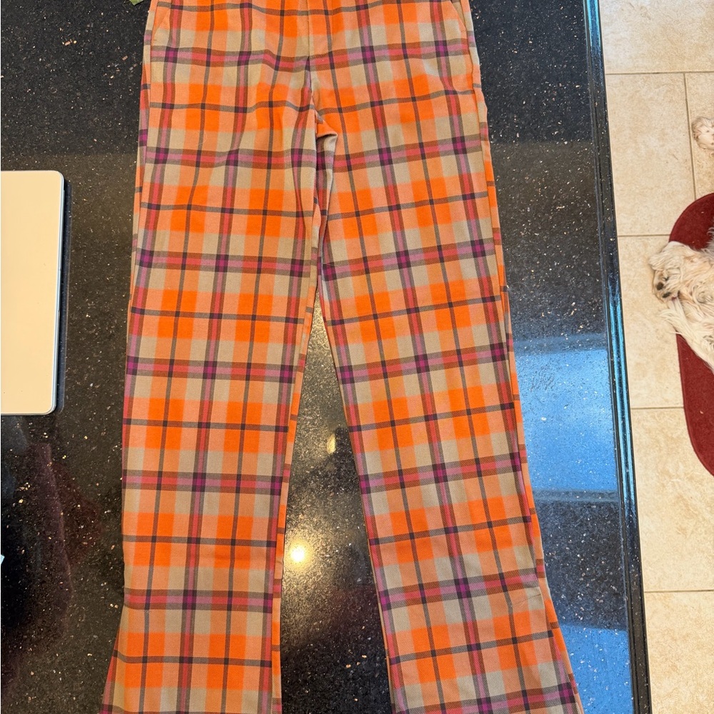 ZARA Retro Plaid Flare Leg Split Cuff Trousers Pants